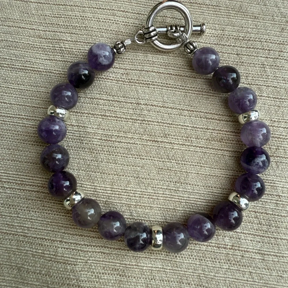 Genuine Amethyst Gemstone 8mm Beaded Bracelet with Silver Accents